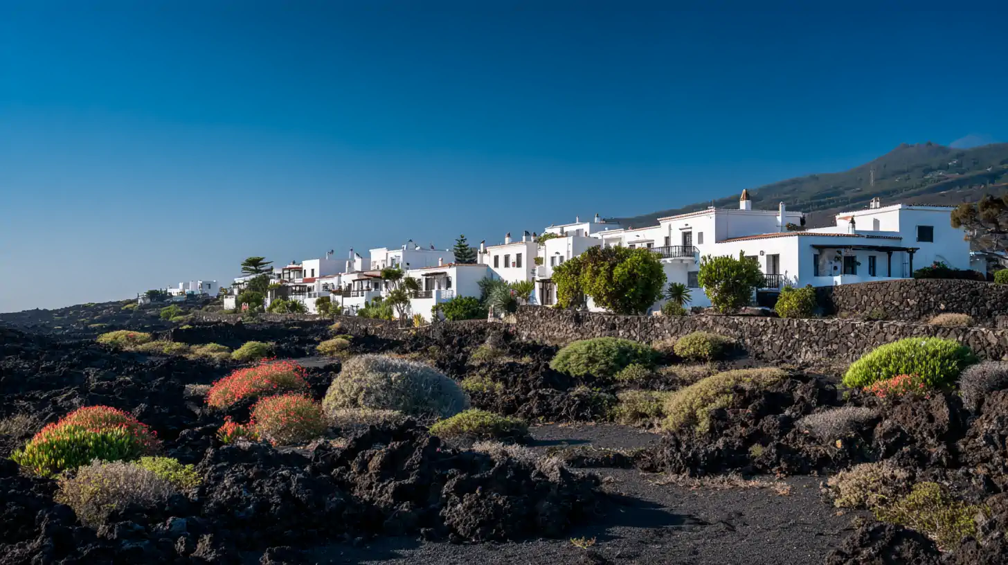 Panorama wybrzeża Teneryfy z oceanem i górami w tle, pokazująca zabudowę nadmorską