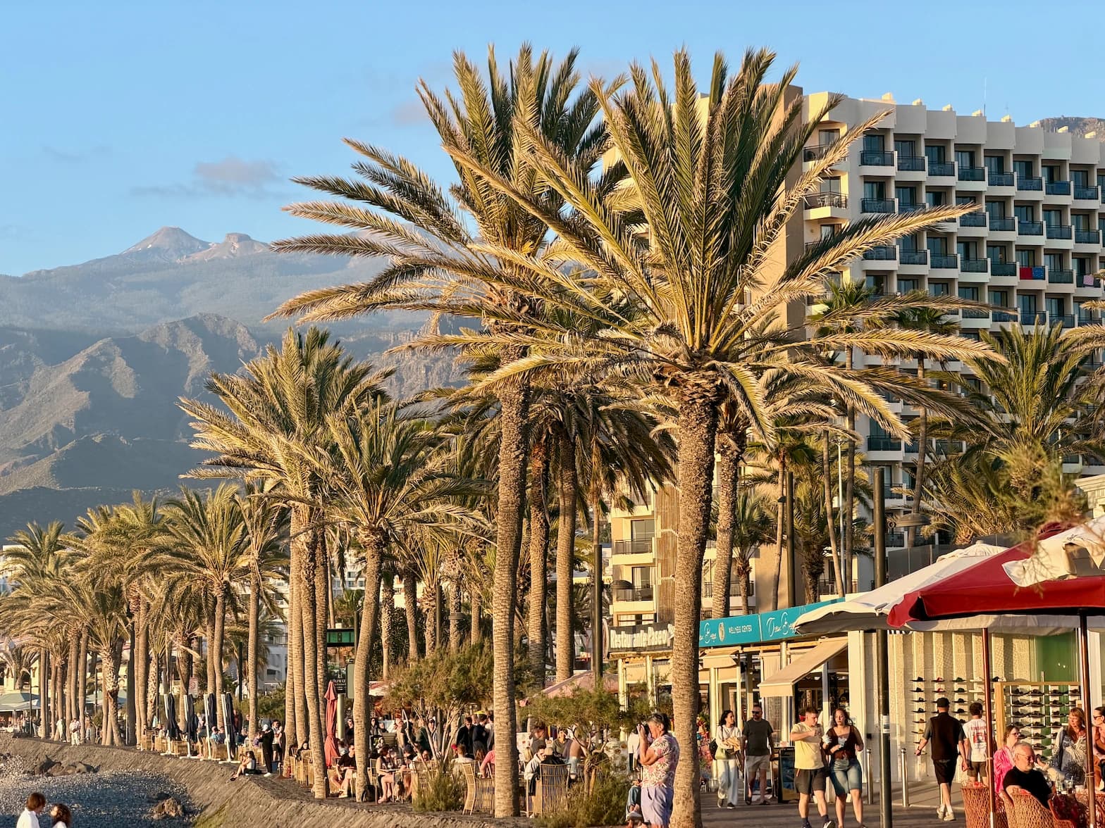Promenada w Playa de las Américas z widokiem na wulkan Teide, pełna turystów i palm