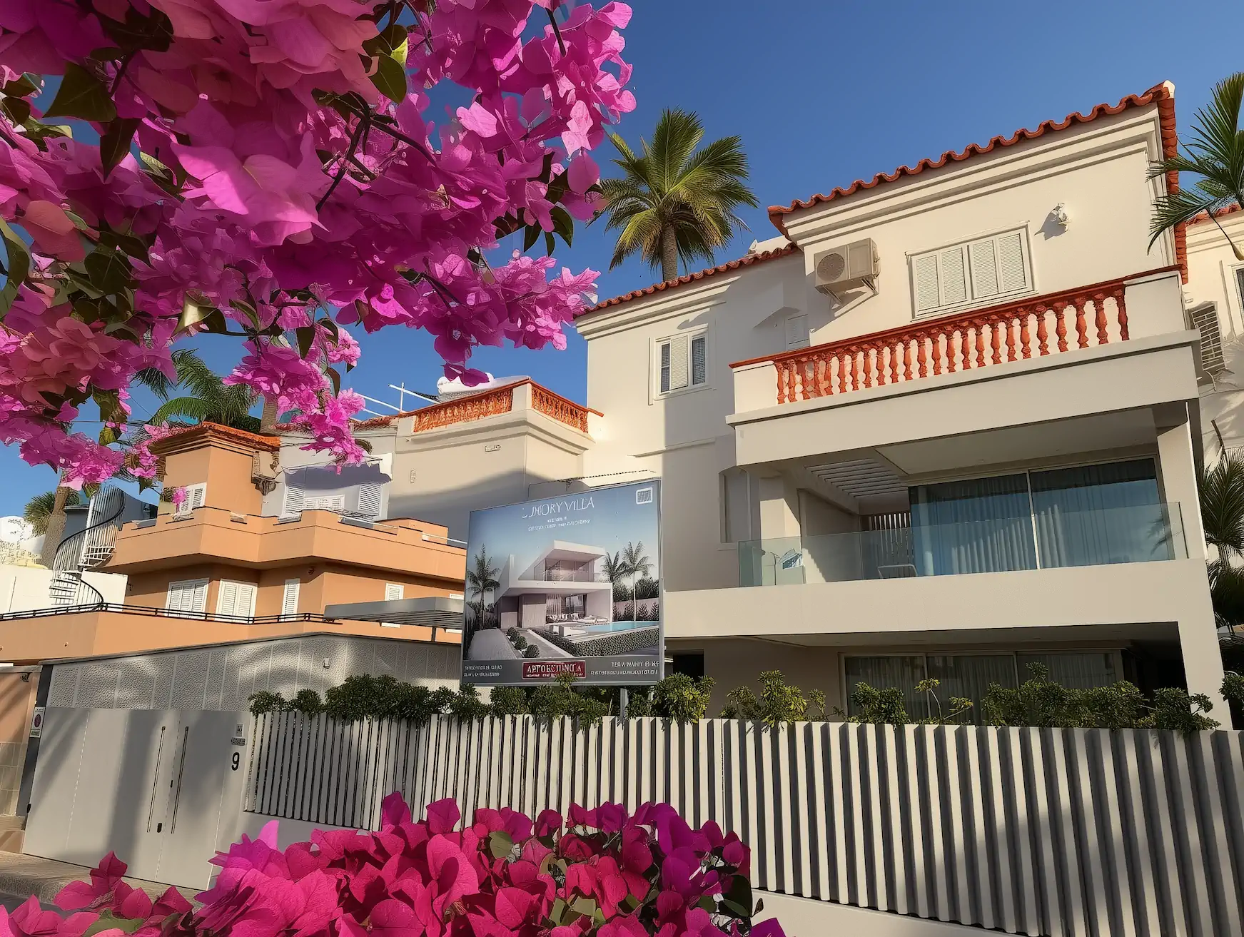 Widok na apartamentowce turystyczne na Teneryfie z basenem i leżakami